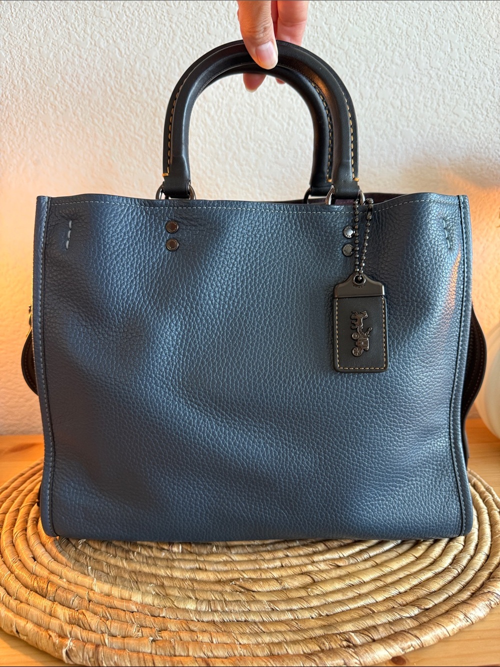 Navy Blue Leather Tote with Top Handles